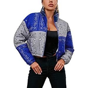 Fashion Nova Womens Gray Blue Bandana High Neck Long Sleeve Puffer Jacket Small